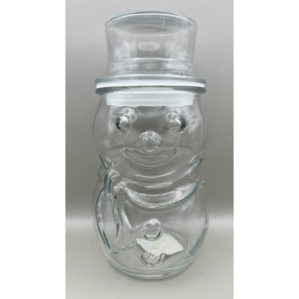 Vtg Libbey Clear Glass Snowman Jar with Top Hat Lid Holiday Storage 75303 1638